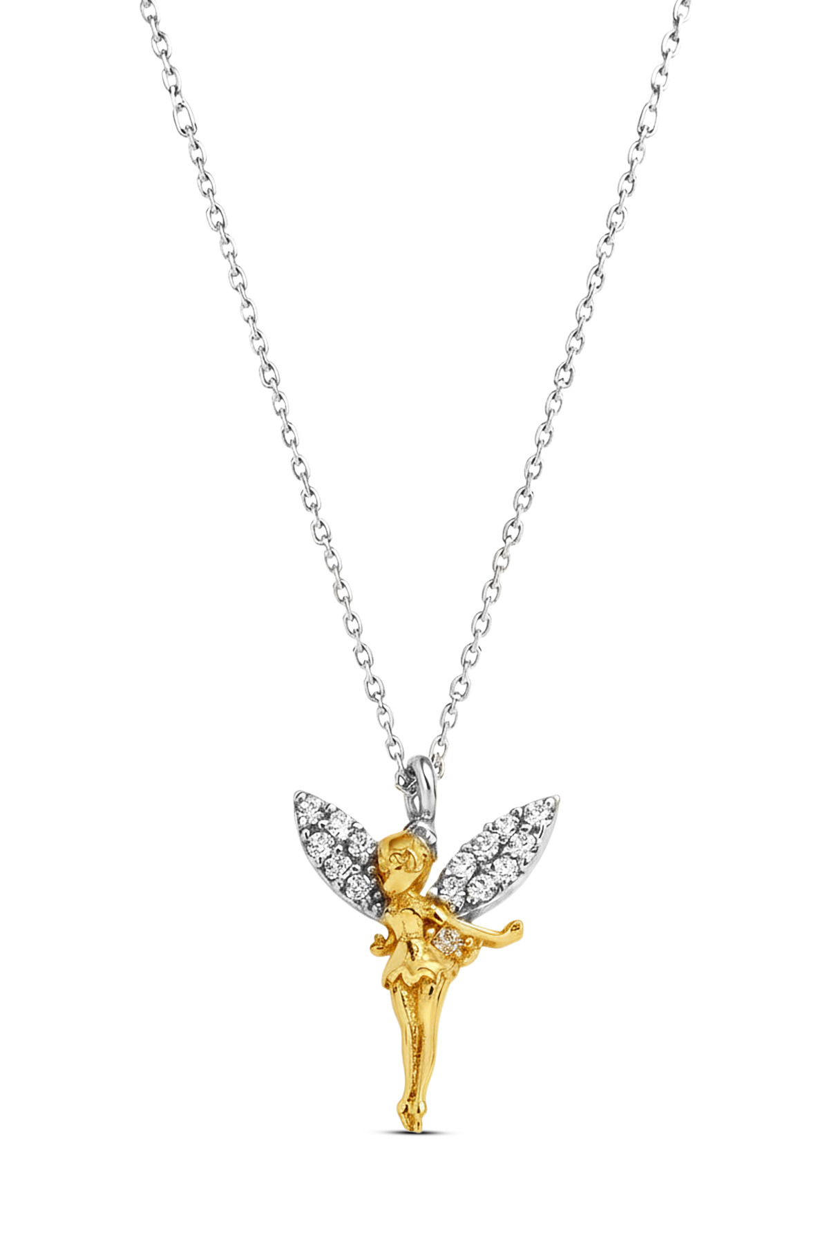 Tinkerbell Fairy Necklace | Two-Tone Zirconia Detailed 925 Sterling Silver Necklace