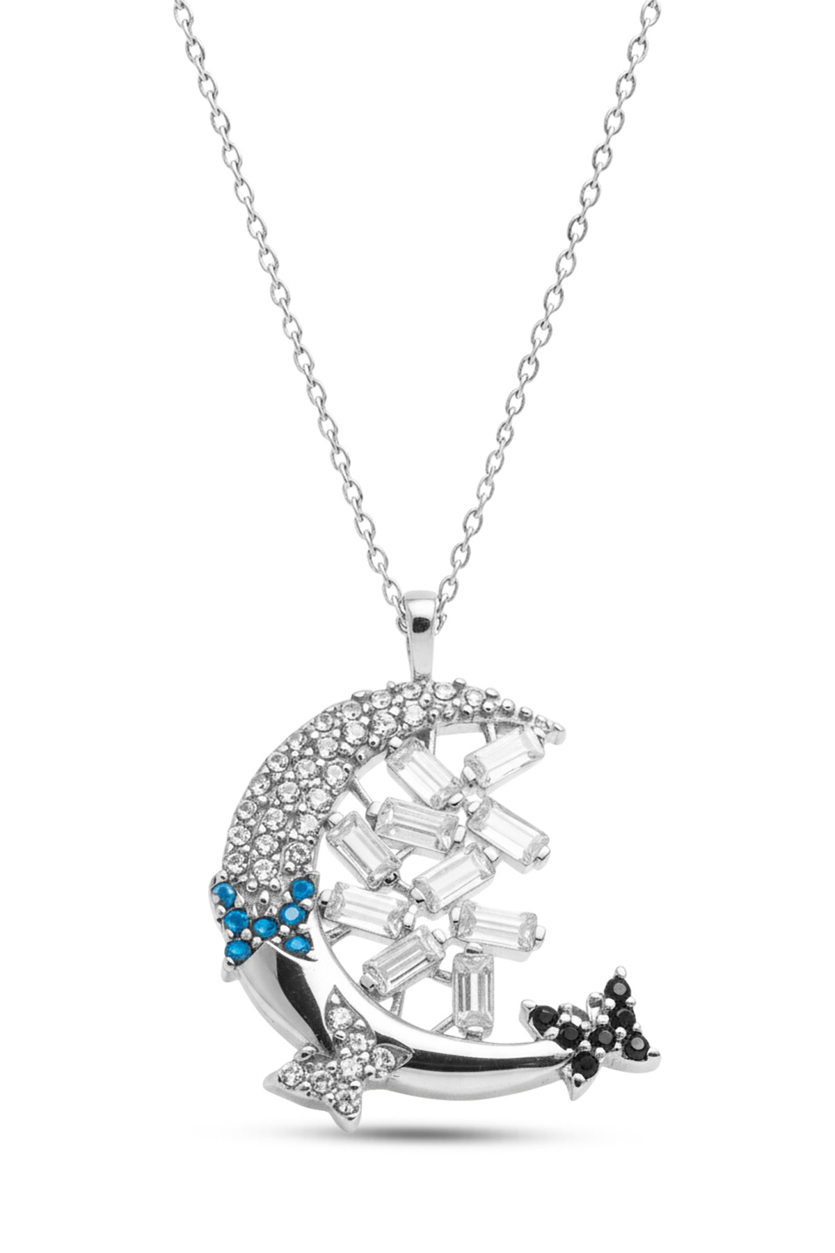 Crescent and Butterfly Necklace | Baguette Zirconia Detailed 925 Sterling Silver Necklace