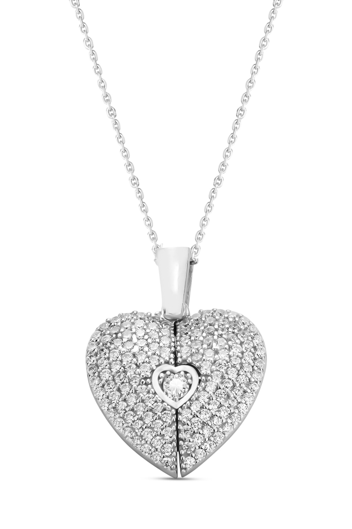 Opening Heart Locket Necklace | Zirconia Inlaid 925 Sterling Silver Necklace