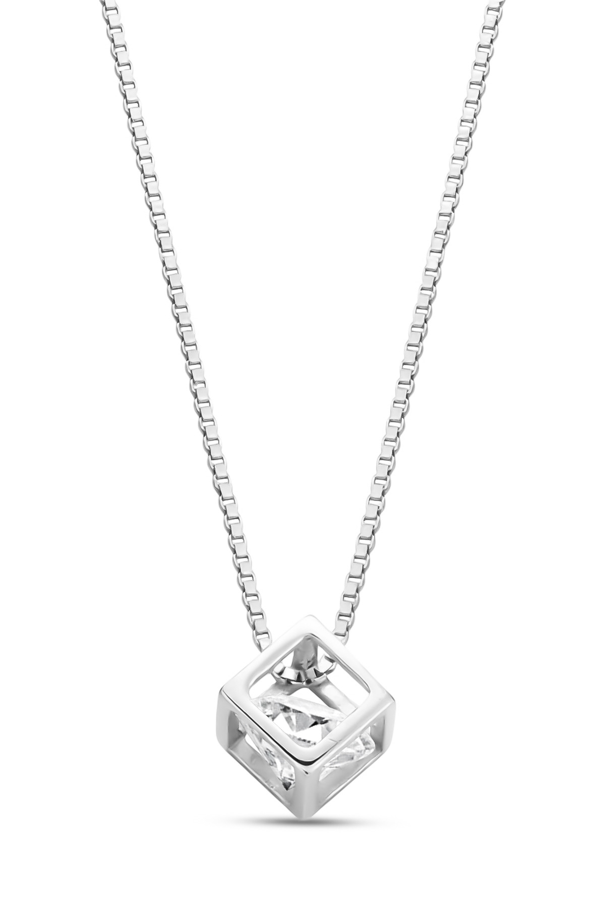 Diamond Mount Cube Necklace | Geometric Floating Stone 925 Sterling Silver Necklace