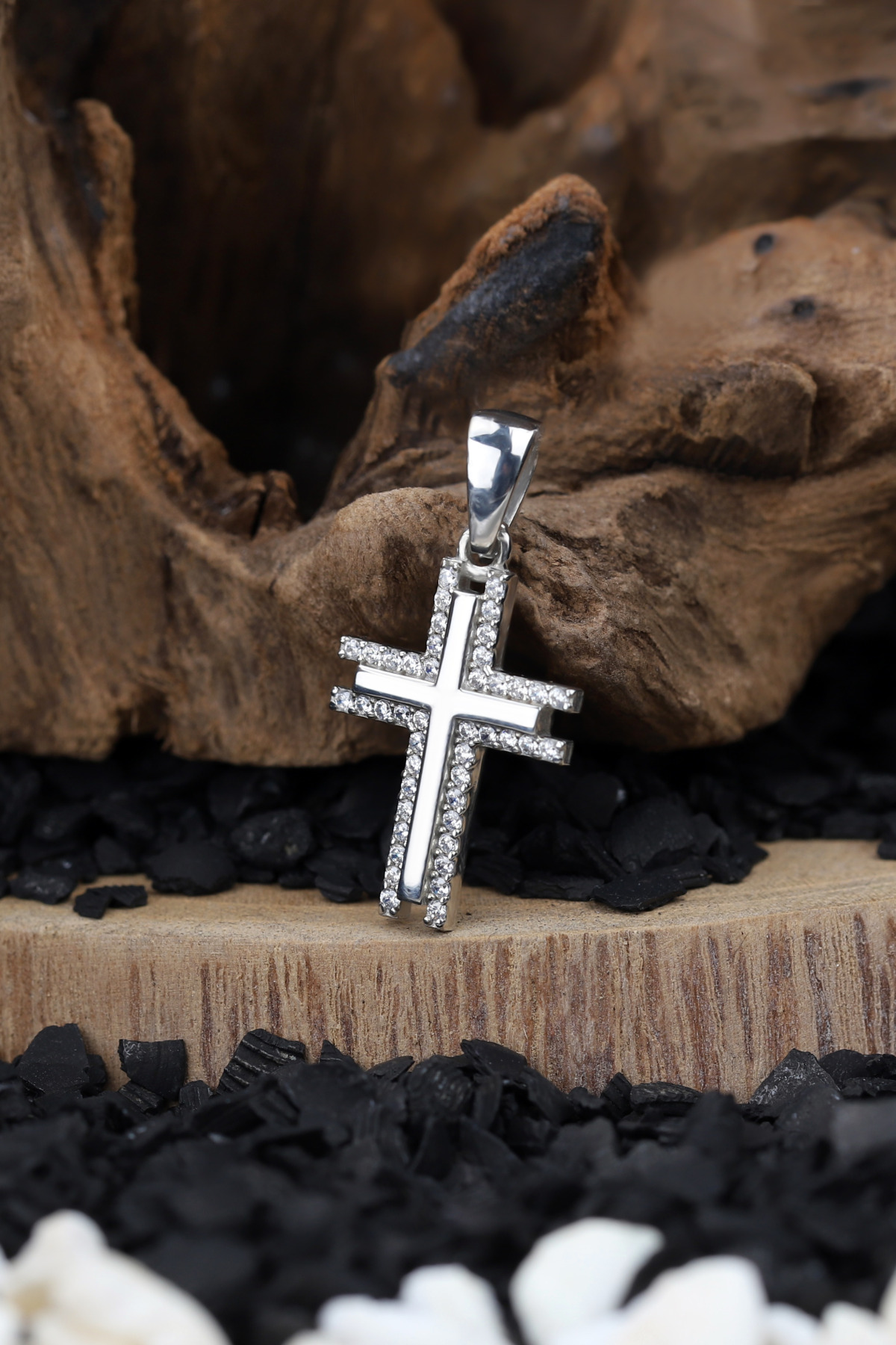 Layered Cross Pendant | Bordered Zirconia Detail 925 Sterling Silver Pendant