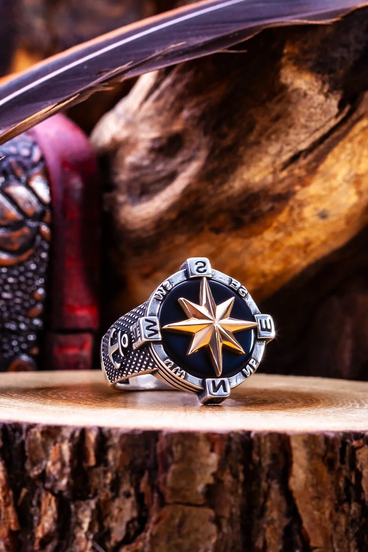 Compass Rose & Anchor Detail | 925 Sterling Silver Men's Ring