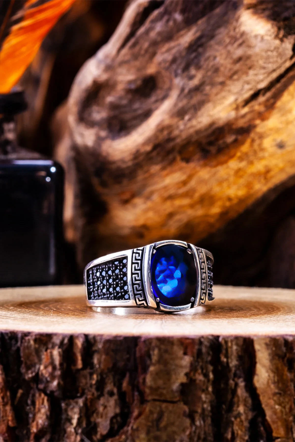 Greek Key Frame & Micro-Pave Textured Side | 925 Sterling Silver Men's Ring