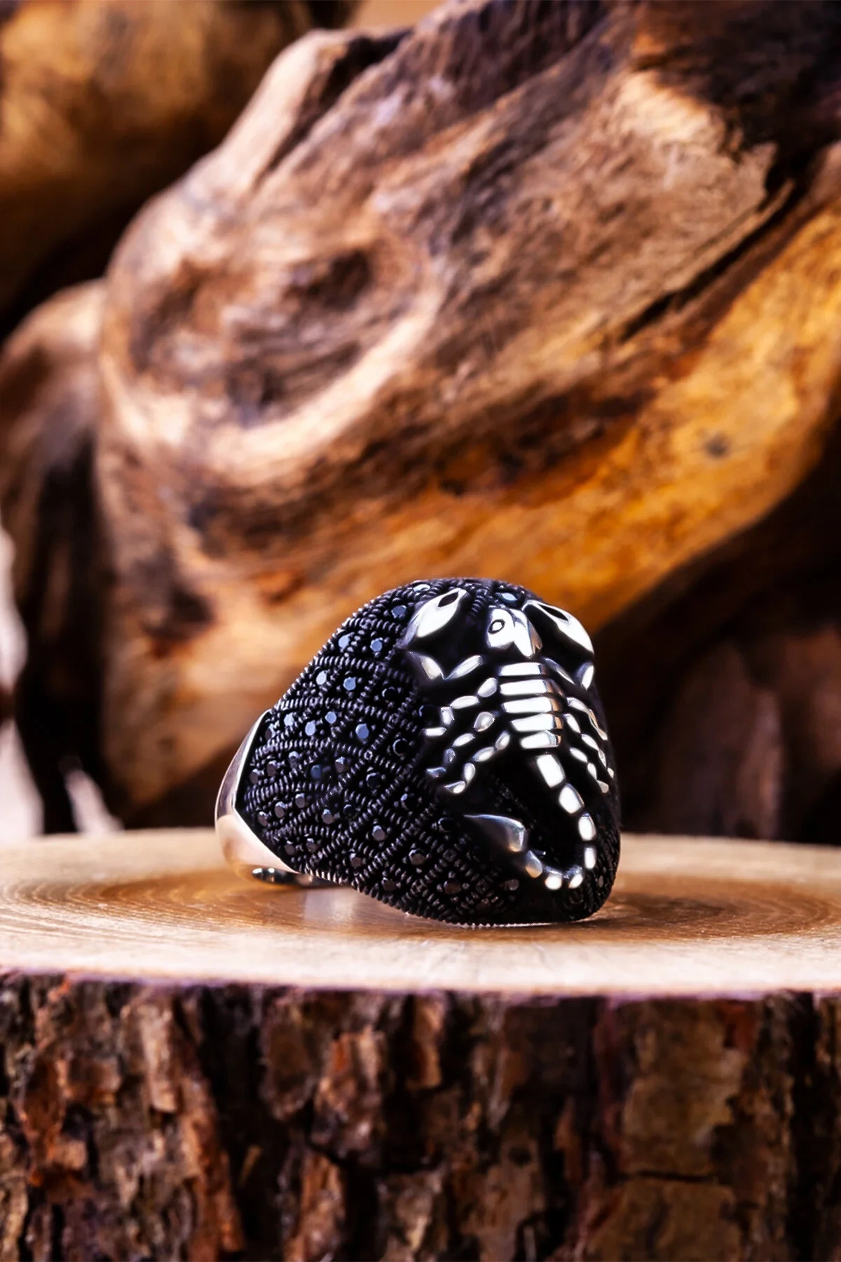 Scorpion Figurine & Micro-Pave Background | 925 Sterling Silver Men's Ring
