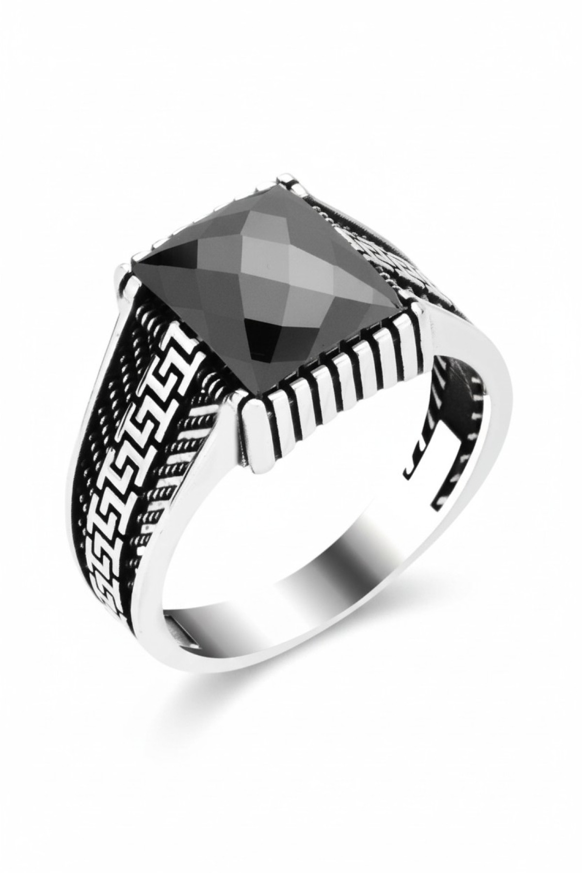 Greek Key Patterned Square | Zirconia 925 Sterling Silver Men's Ring