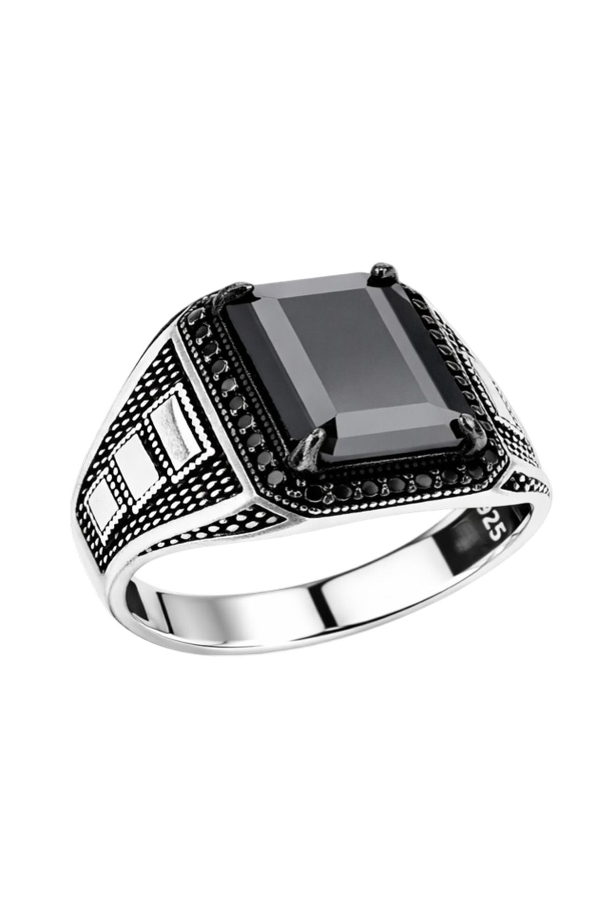 Emerald Cut Center & Triple Block Side | 925 Sterling Silver Men's Ring