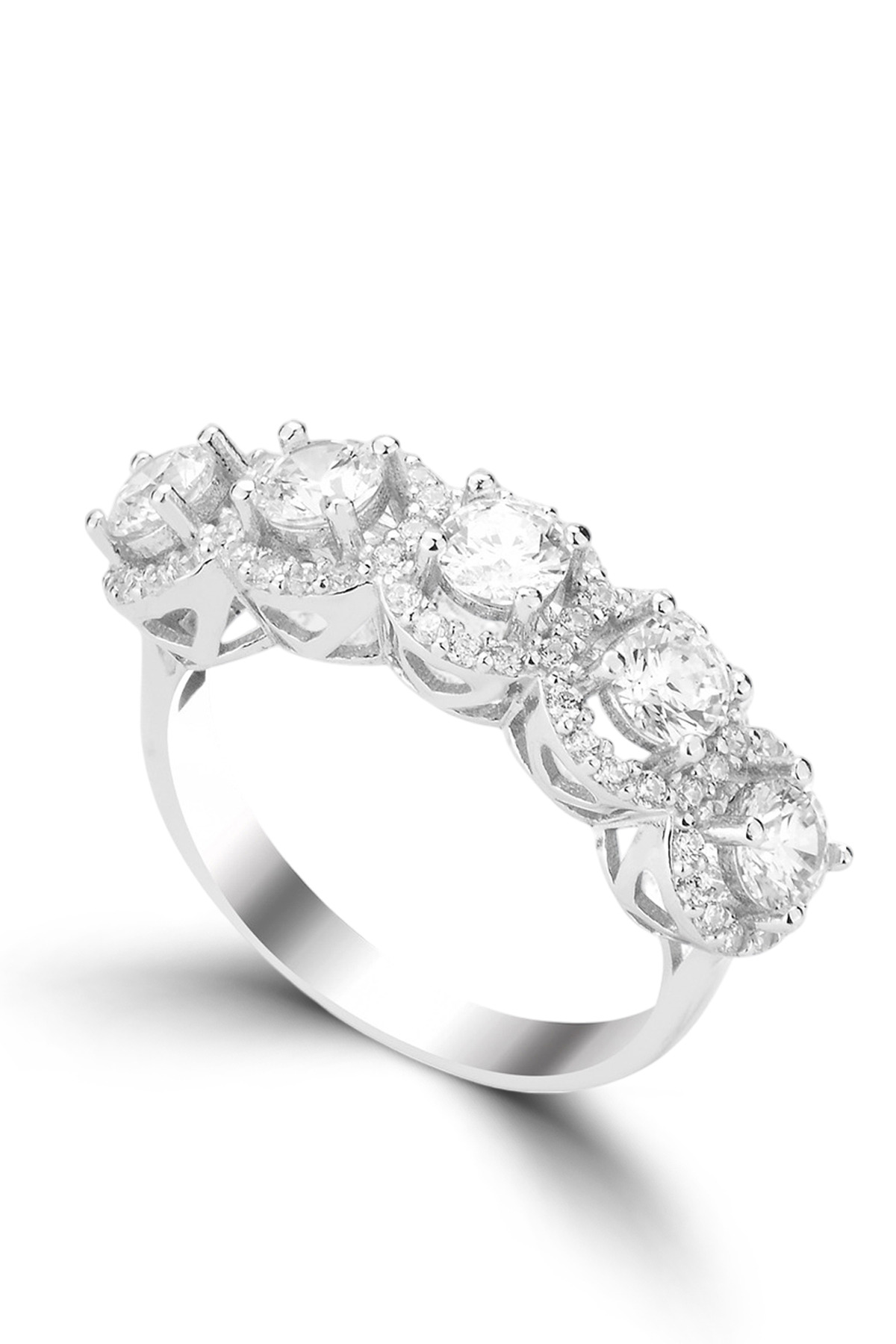 Five-Stone Halo Aura | Brilliant Round-Cut Centered Stones and Shimmering Halo Accents 925 Sterling Silver Ring