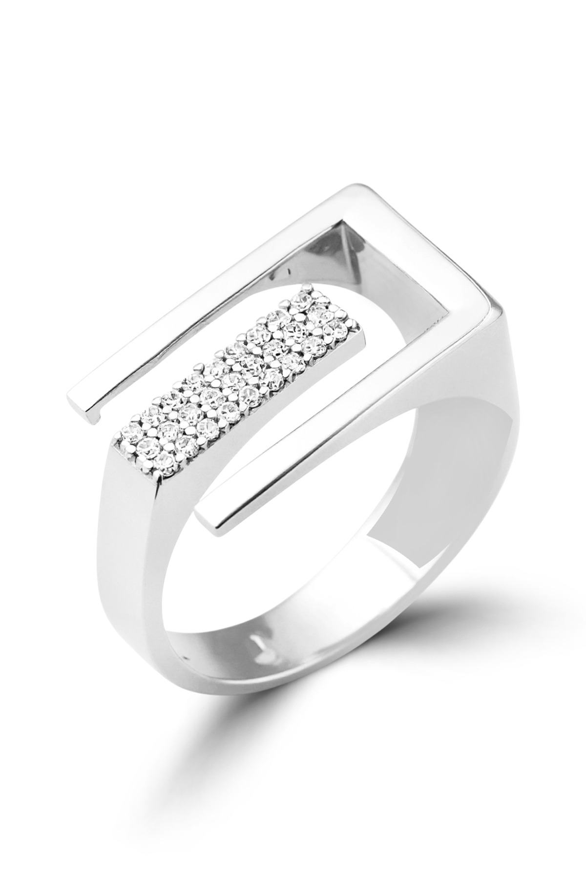 Modern Frame | Sleek Rectangular Open Design with Sparkling Pave-Set Bar 925 Sterling Silver Ring