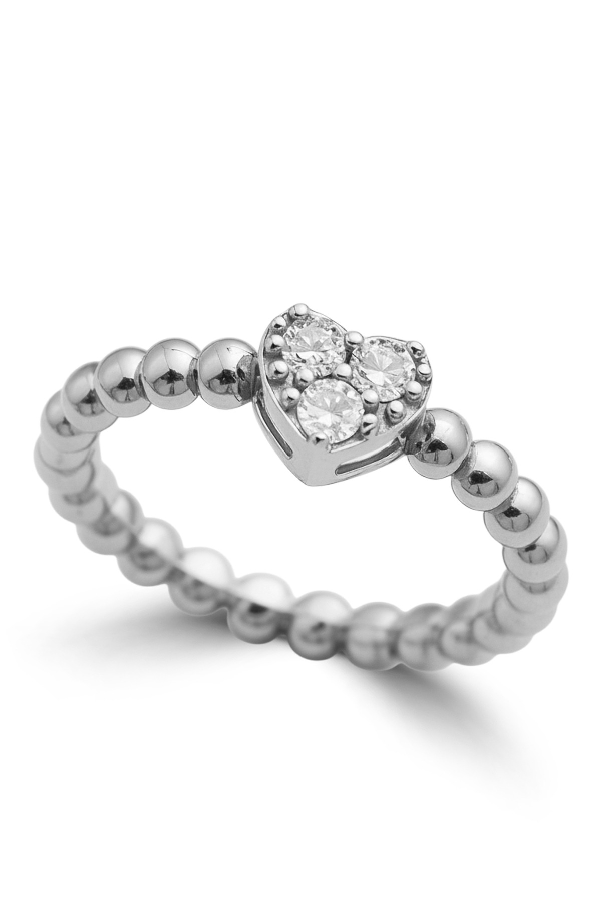 Beaded Heart Essence | Sparkling Stone-Set Heart Motif and Polished Ball Chain Band 925 Sterling Silver Ring
