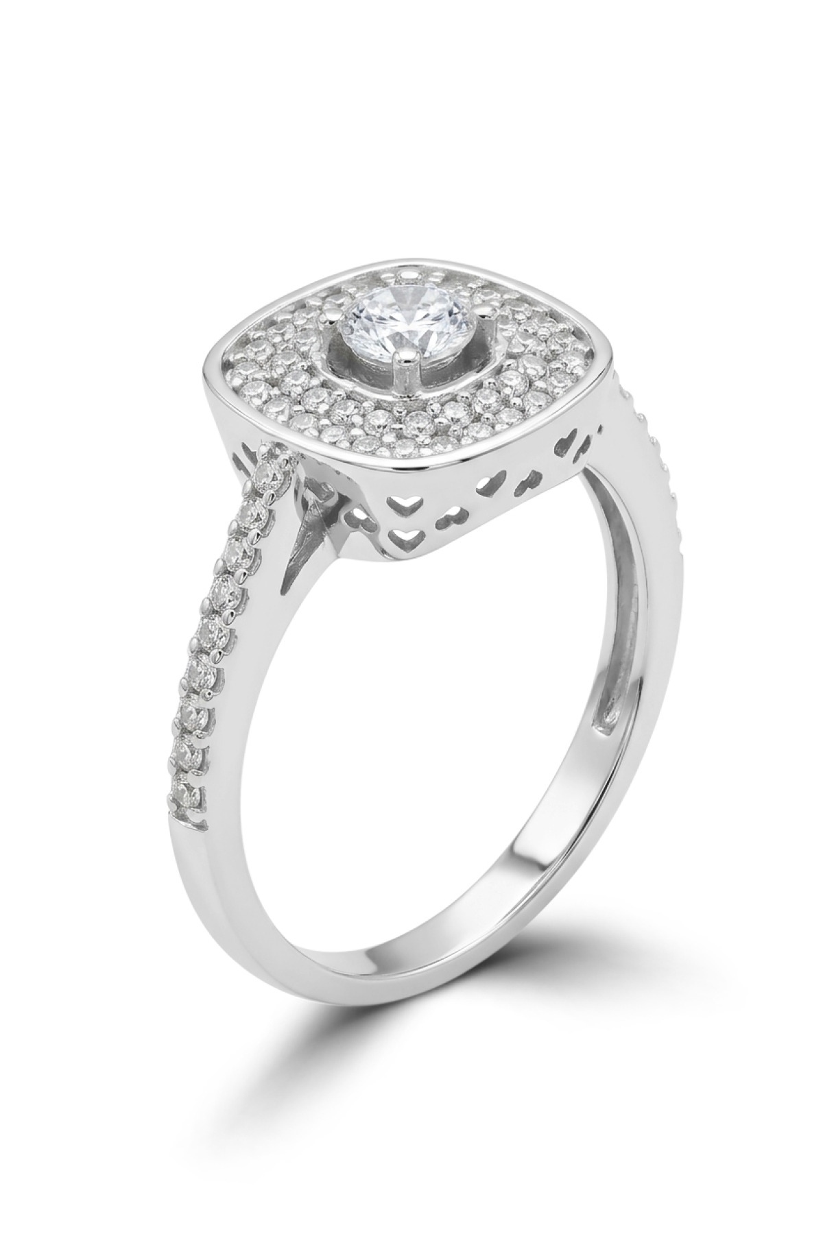 Imperial Cushion | Round-Cut Center Stone with Textured Pave Cluster and Heart-Detailed Gallery 925 Sterling Silver Ring