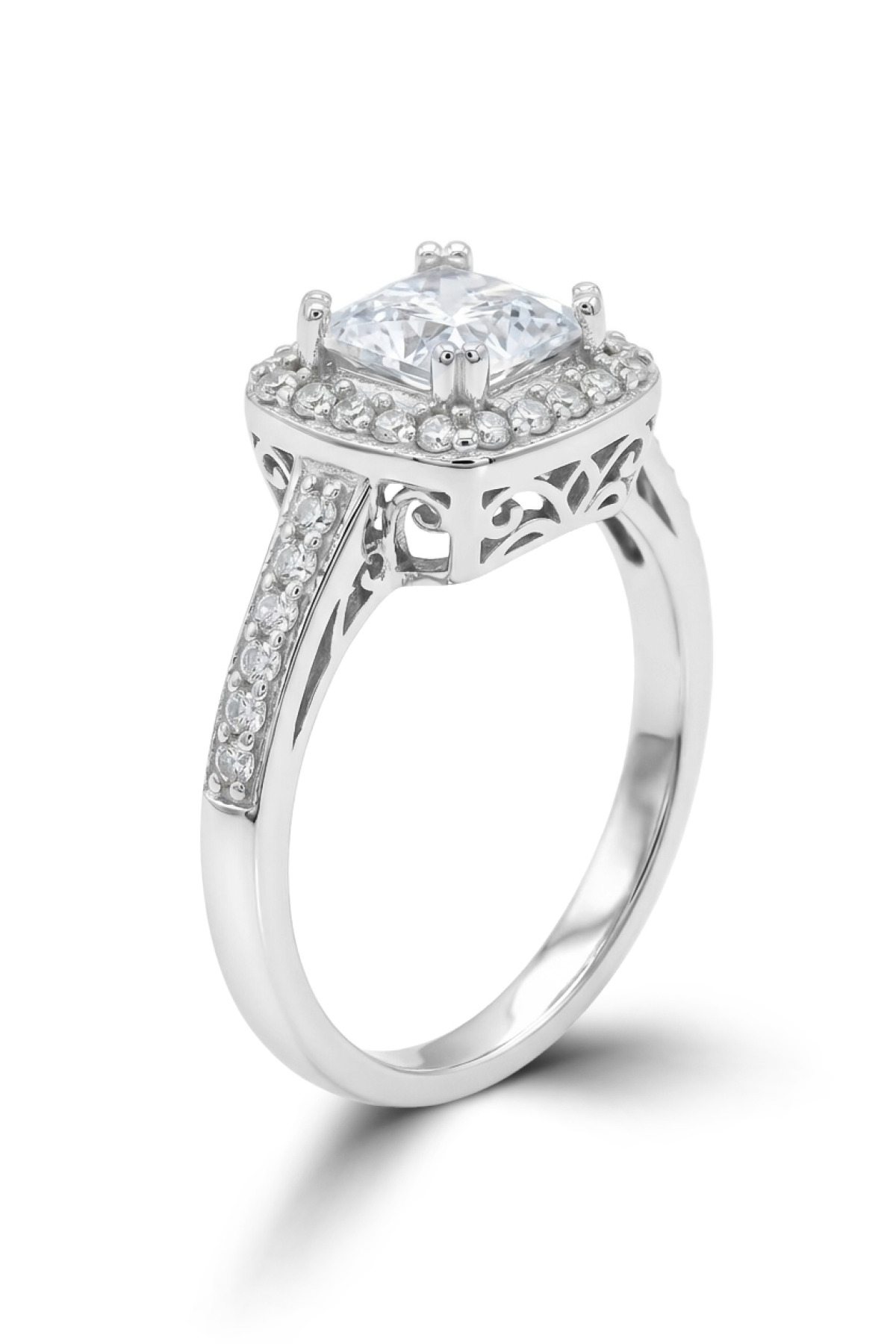 Princess Heritage | Square-Cut Center Stone with Ornate Halo and Filigree Detail 925 Sterling Silver Ring